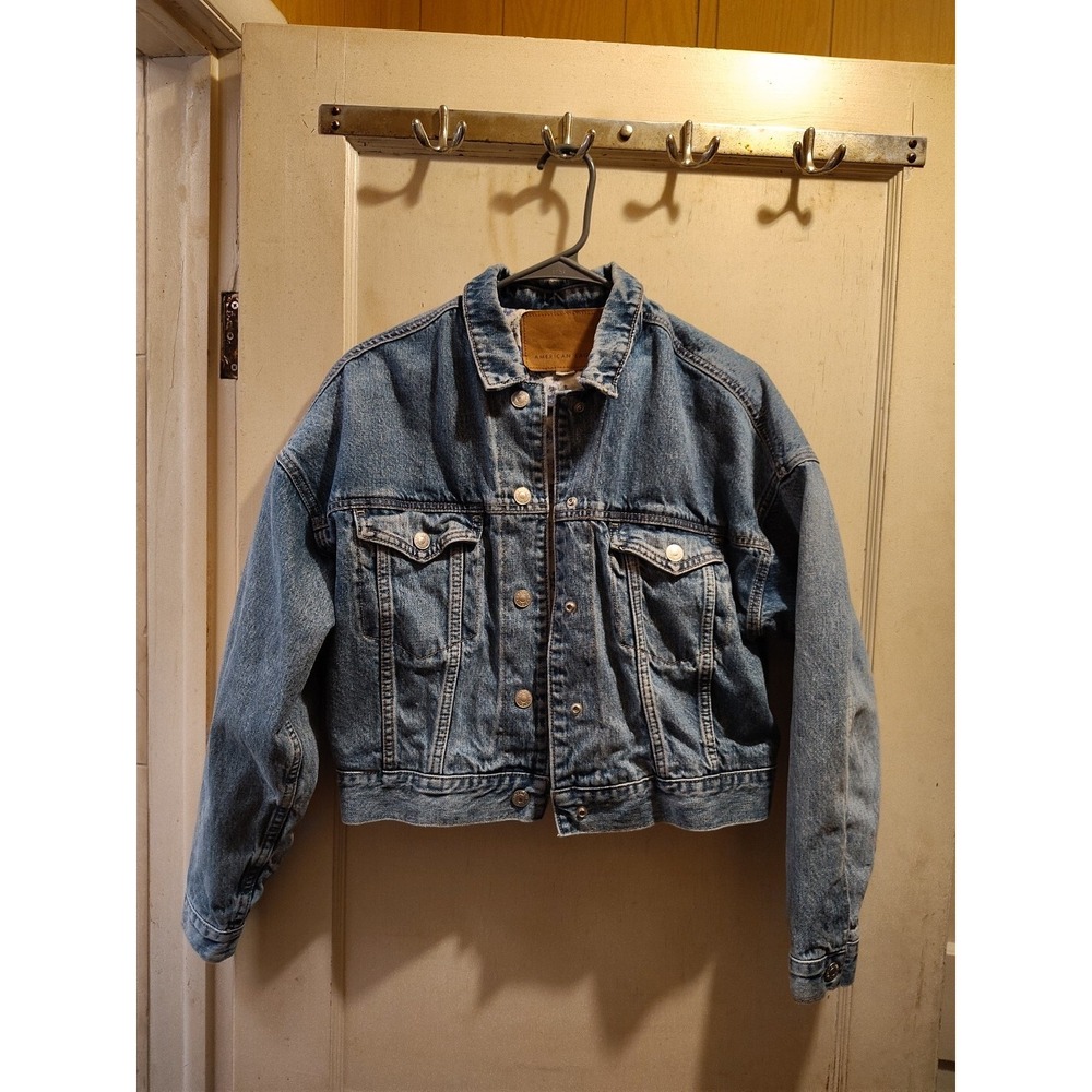 American Eagle Womens Blue Denim Jean Jacket Floral Lined Size Small